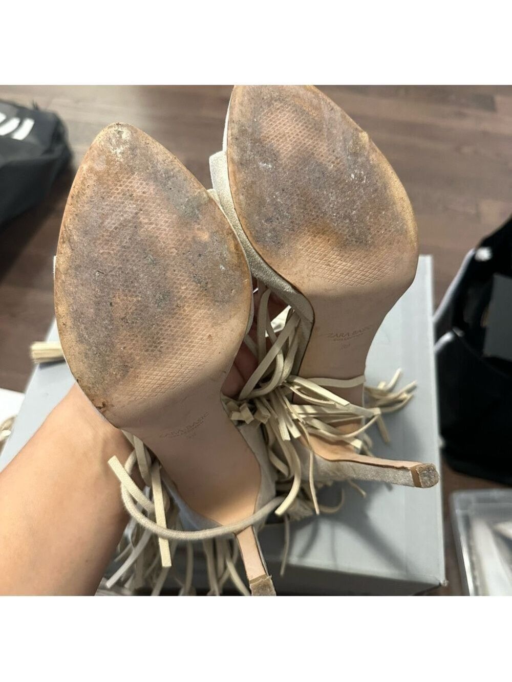 Zara Faux Suede Fringe Tassel Tie High Heel Sandals in Bone/Cream - Picture 11 of 15